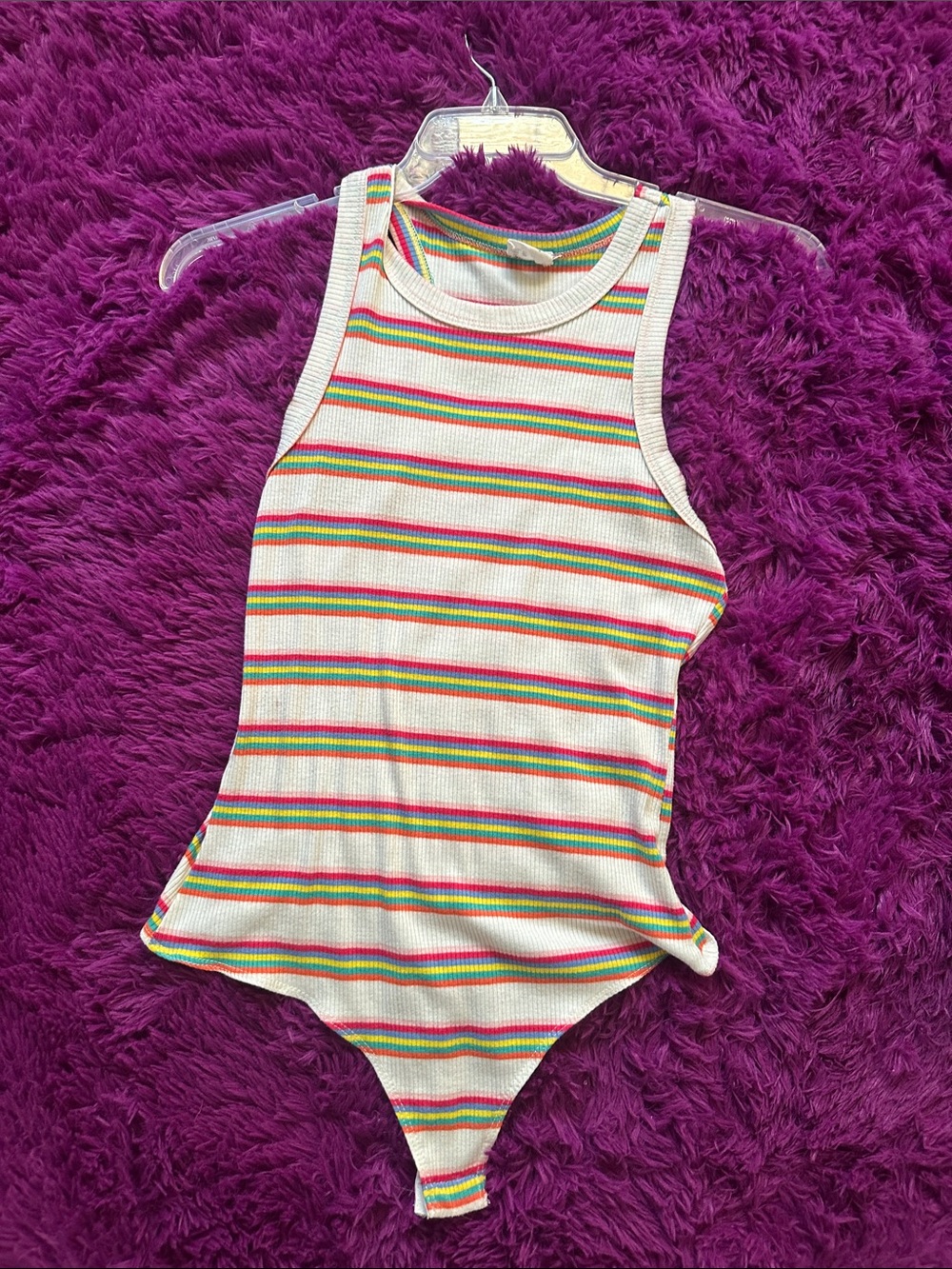 Le Lis White Ribbed One-Piece Bodysuit with Rainbow Stripes
